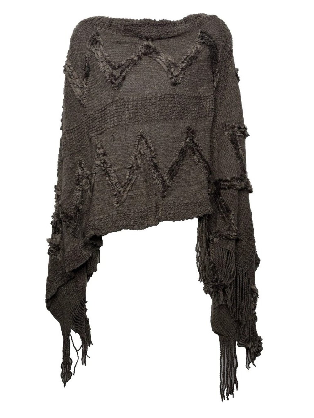Pretty Angel Gray Chunky Knit Poncho ONE SIZE Chenille Trim Fringe Asymmetrical